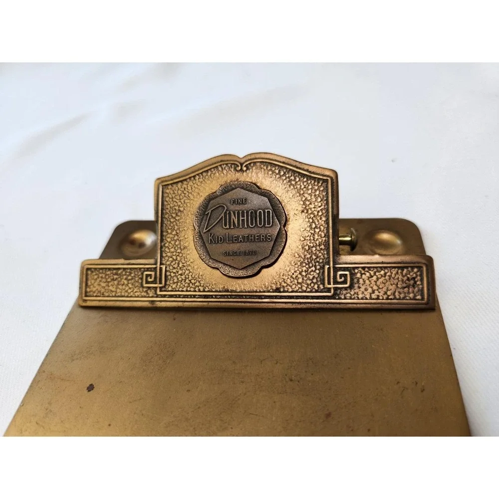 Small Antique Brass Advertising Clipboard Dunhood Leathers Whitehead & Hoag Co